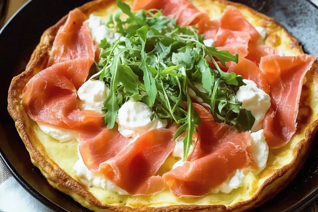 Savory sourdough discard Dutch baby topped with smoked salmon, arugula, and cream cheese.
