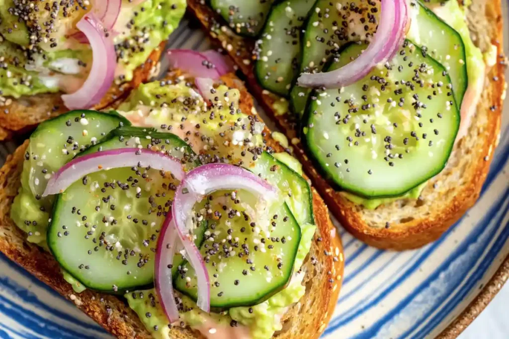 Slices of sourdough French toast topped with smashed avocado, thin cucumber slices, red onion, and everything bagel seasoning.