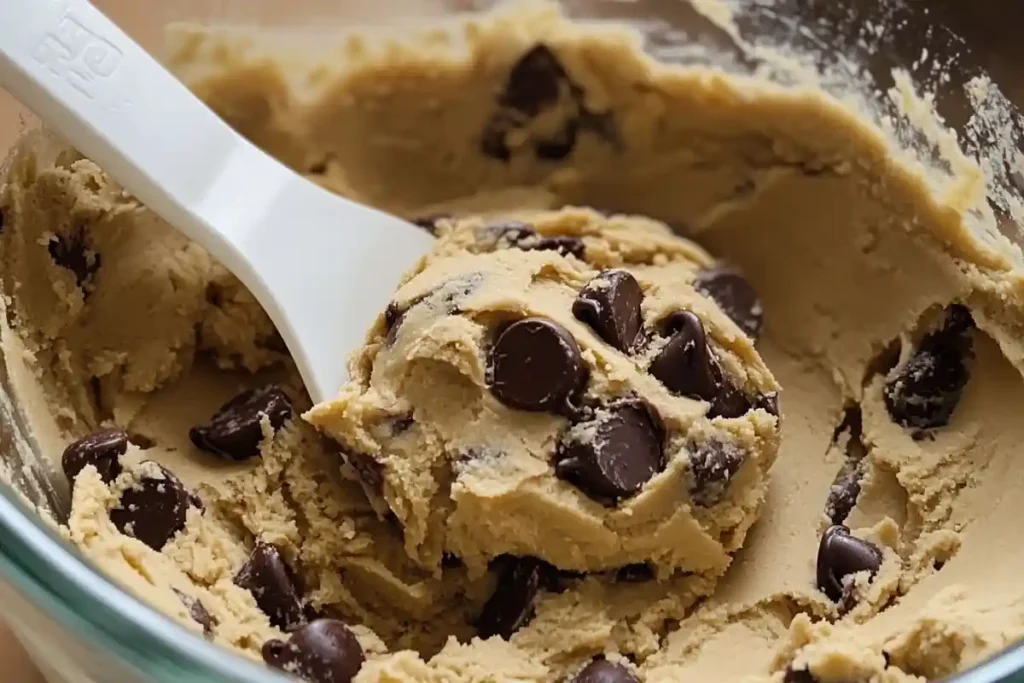  A close-up of creamy cookie dough loaded with chocolate chips, scooped with a white spatula.