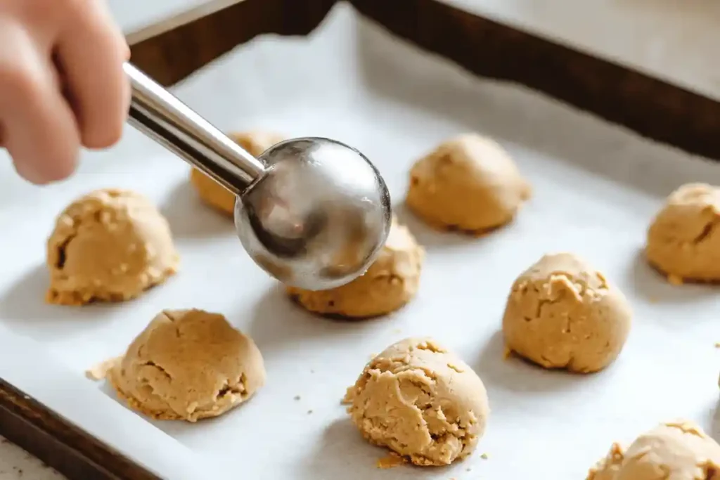 Cookie dough being scooped with a metal ice cream scooper onto a parchment-lined baking tray.