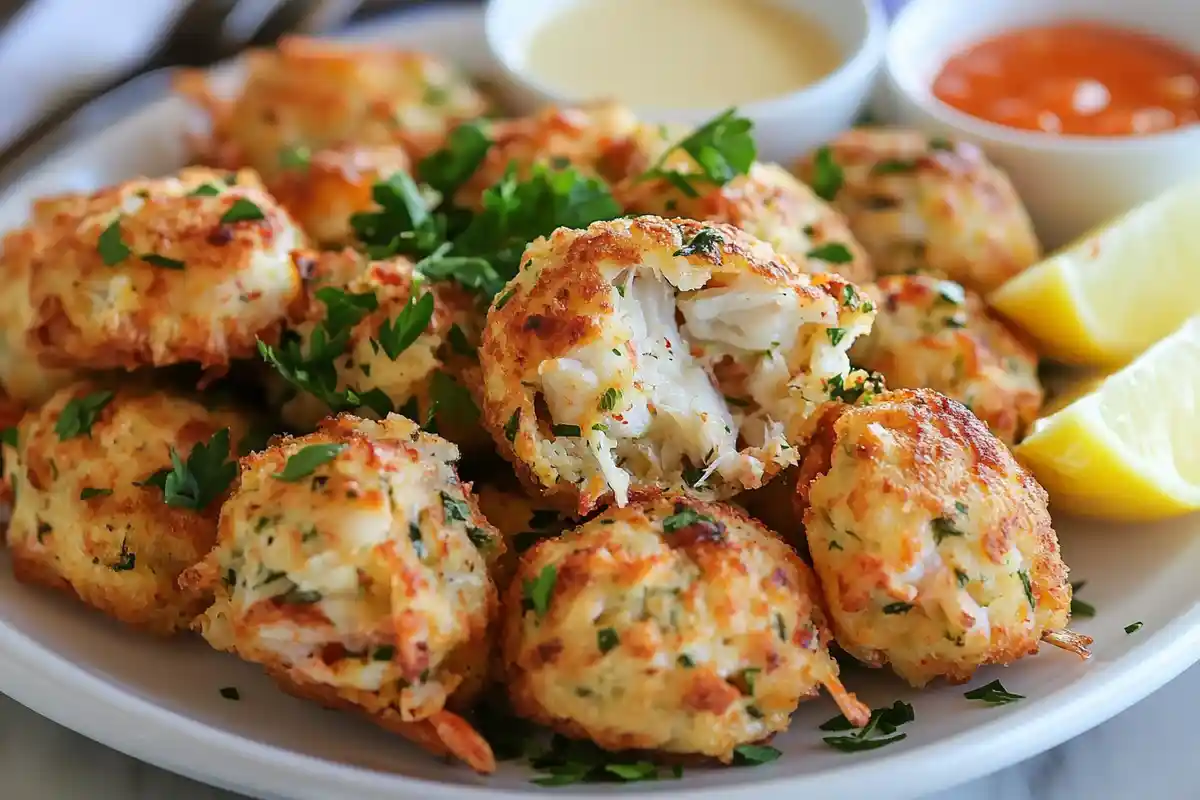 Golden crab balls served with tartar sauce, spicy remoulade, lemon wedges, and fresh parsley garnish on a white plate.