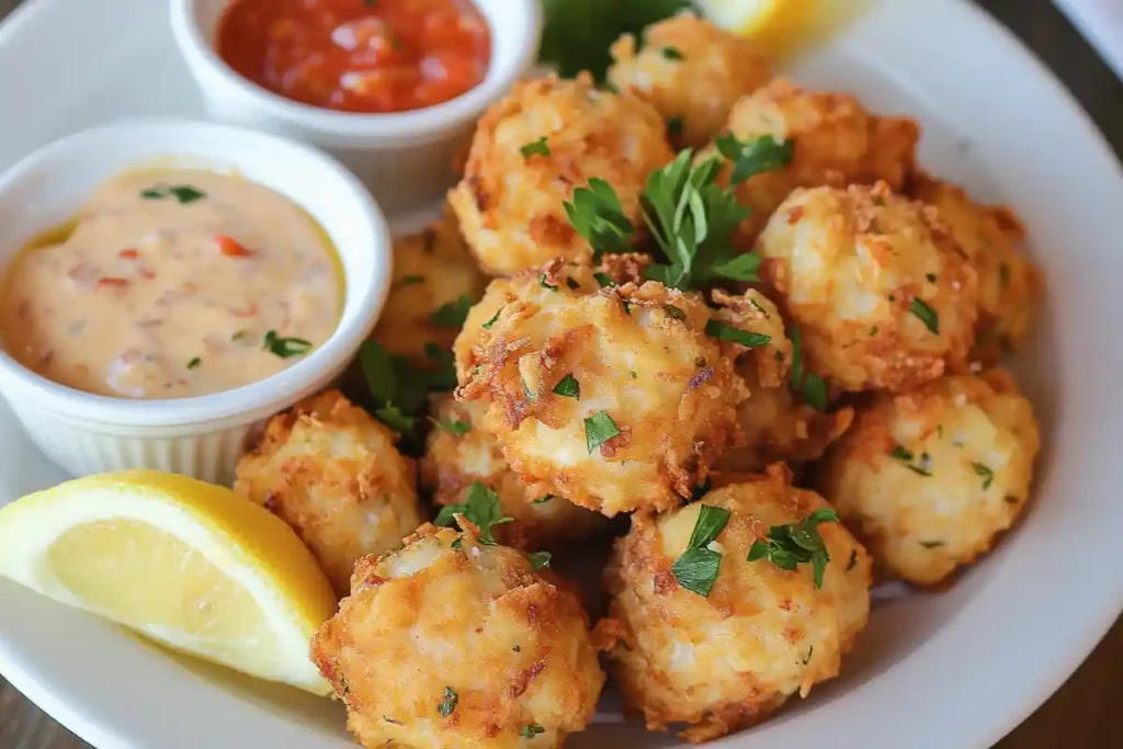 Golden crab balls served with tartar sauce and remoulade