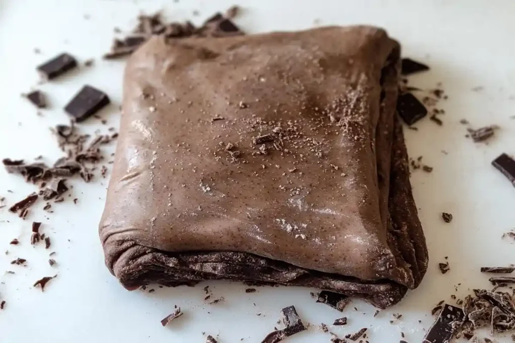 Shaped and folded chocolate sourdough dough on a white surface, dusted with flour and surrounded by chocolate shavings