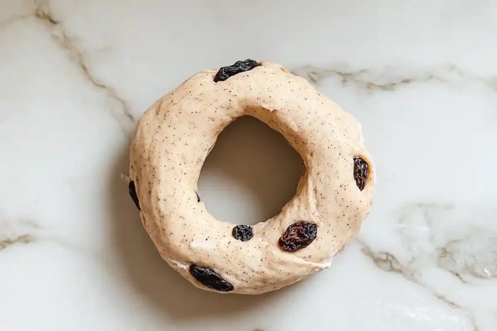 A perfectly shaped sourdough cinnamon raisin bagel on a marble countertop, ready for proofing.