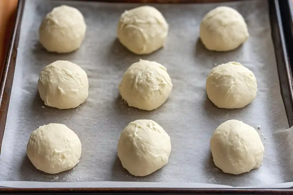 Raw, perfectly shaped dough balls resting on a parchment-lined tray, ready to be baked into garlic butter cheese bombs