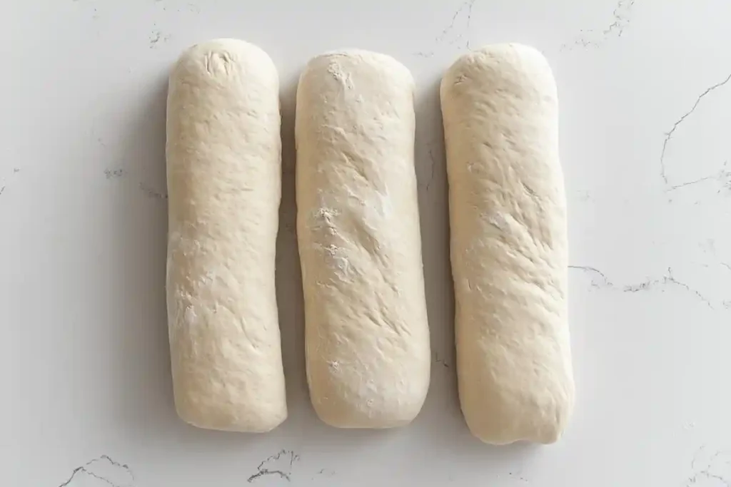 Three shaped sourdough hoagie rolls resting on a floured surface, ready for proofing.