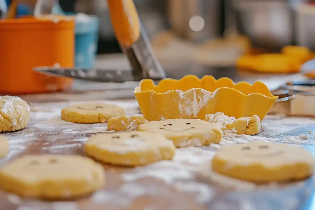 Cookie dough rolled out on a floured surface with round cutters creating Lorax cookie shapes.