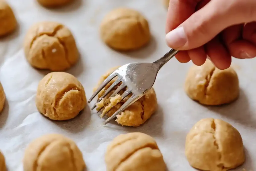 Cookie dough balls being flattened with a fork on a baking tray.
