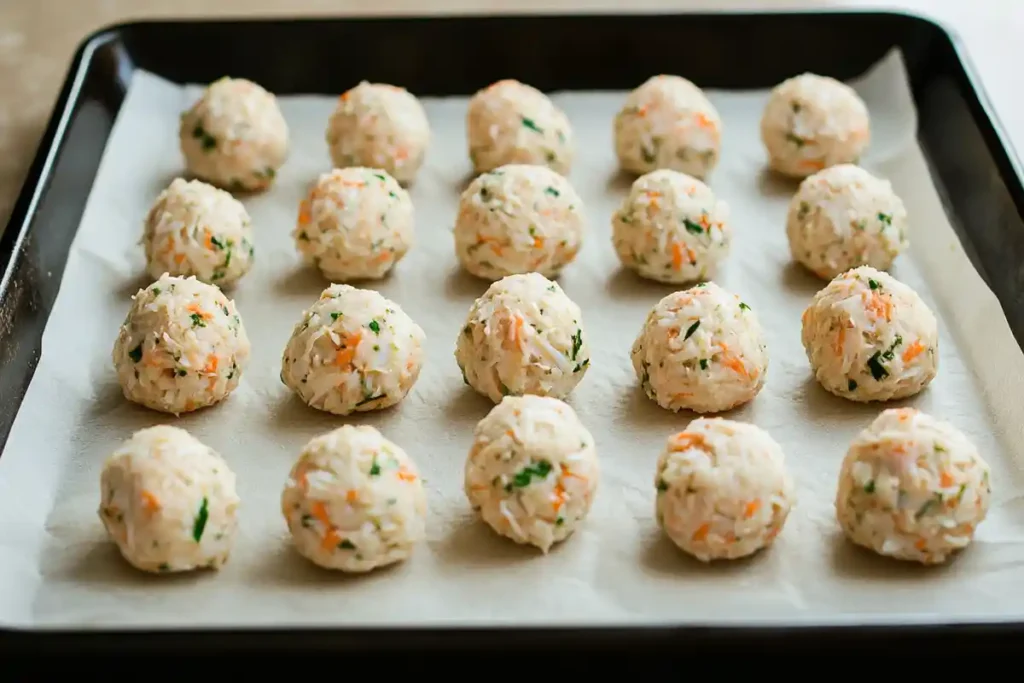 Uniformly shaped crab balls on a baking tray