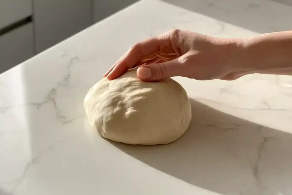 A hand gently shaping sourdough dough into a smooth ball on a marble countertop.