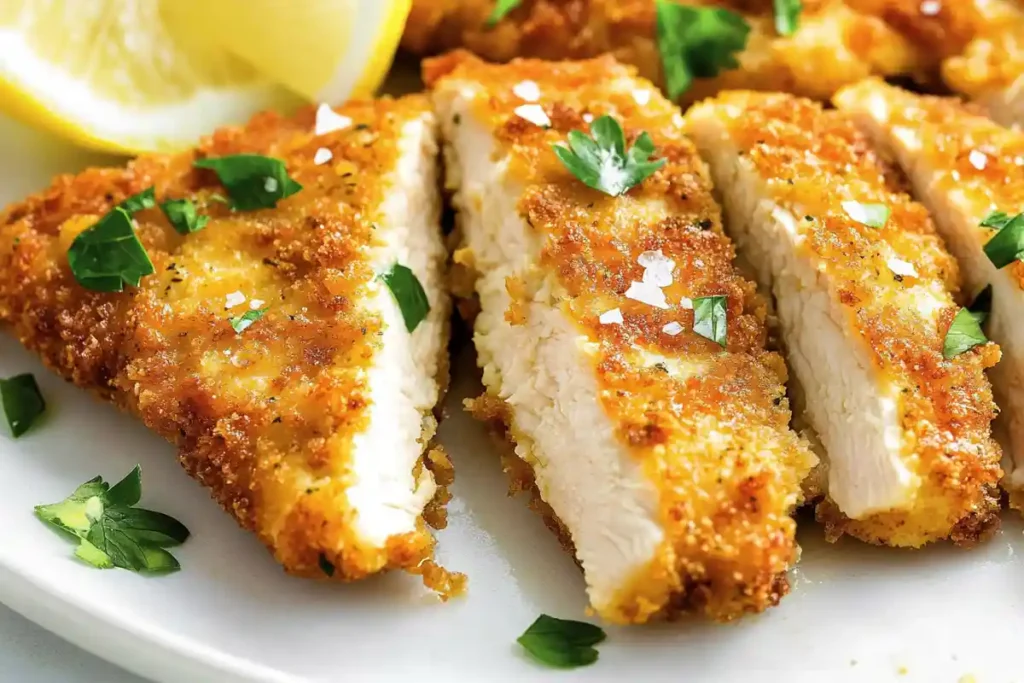  Close-up of baked chicken cutlets sliced into pieces, topped with fresh parsley and sea salt.