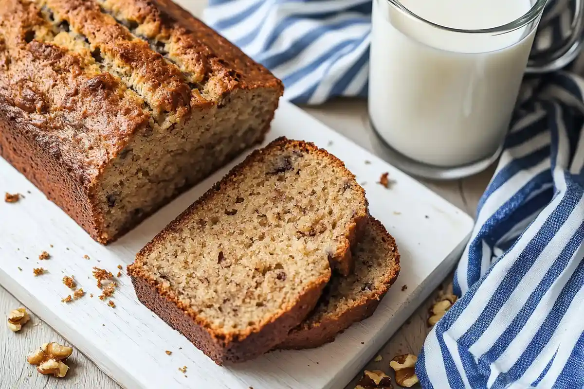 Sliced sourdough banana nut bread on a cutting board with a glass of milk and a striped cloth in the background.