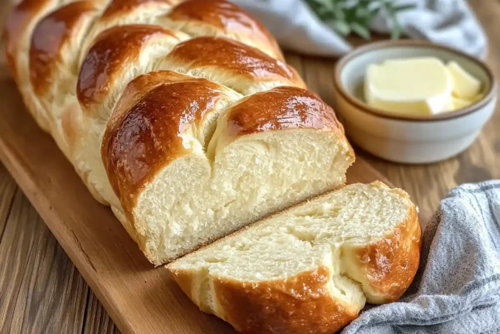 A close-up of a sliced sourdough challah loaf with a soft crumb, served on a wooden board with butter in a small bowl.