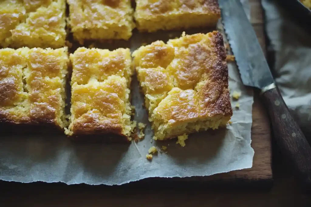 Slices of sourdough cornbread on parchment paper, with a rustic knife resting nearby.