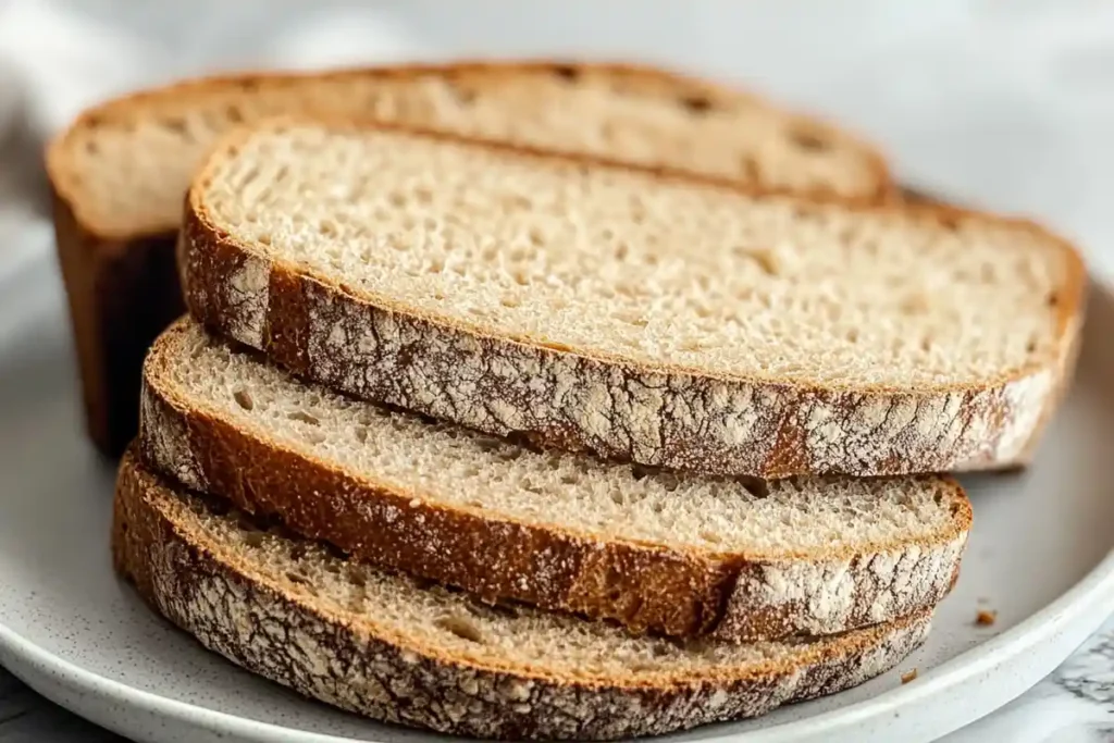  Slices of buckwheat sourdough bread on a plate, showcasing the tender crumb and crust texture.