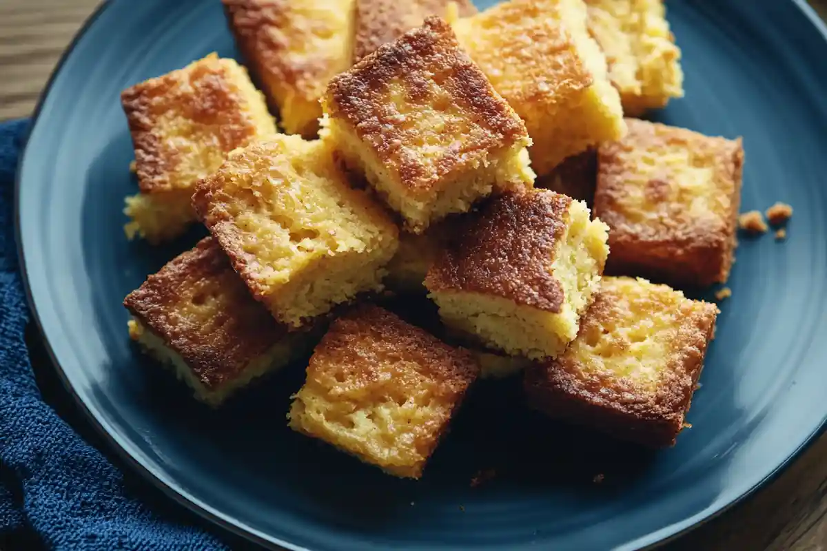 A plate full of neatly cut squares of golden sourdough cornbread, ready to serve.