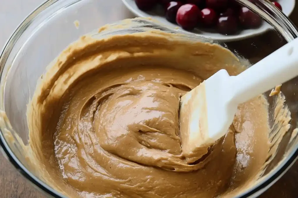 Smooth and creamy cookie dough in a glass bowl with a spatula, ready for adding chocolate chips, cherries in the background.