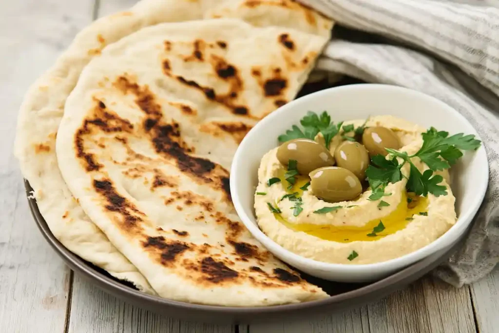 Golden Naan paired with creamy hummus, olives, and garnished with fresh parsley.