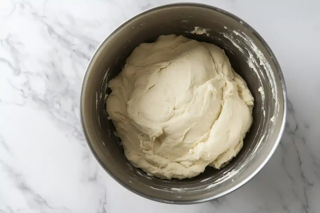 A bowl of smooth, soft sourdough donut dough resting after kneading, ready for proofing.
