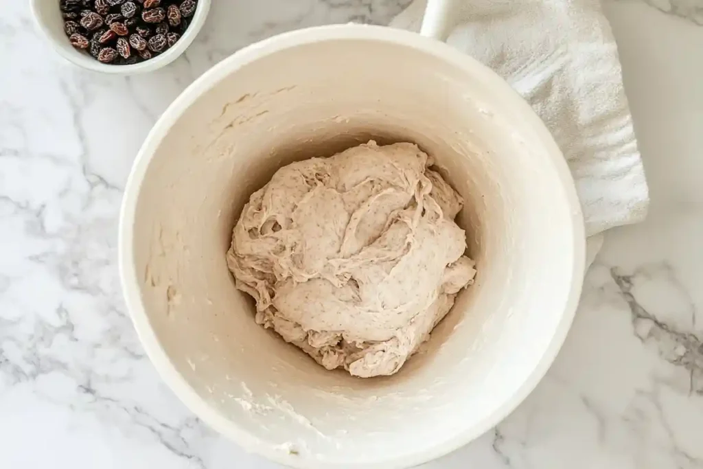 Soft, elastic sourdough bagel dough in a white mixing bowl, ready for proofing, with raisins in a bowl and a white kitchen towel nearby.