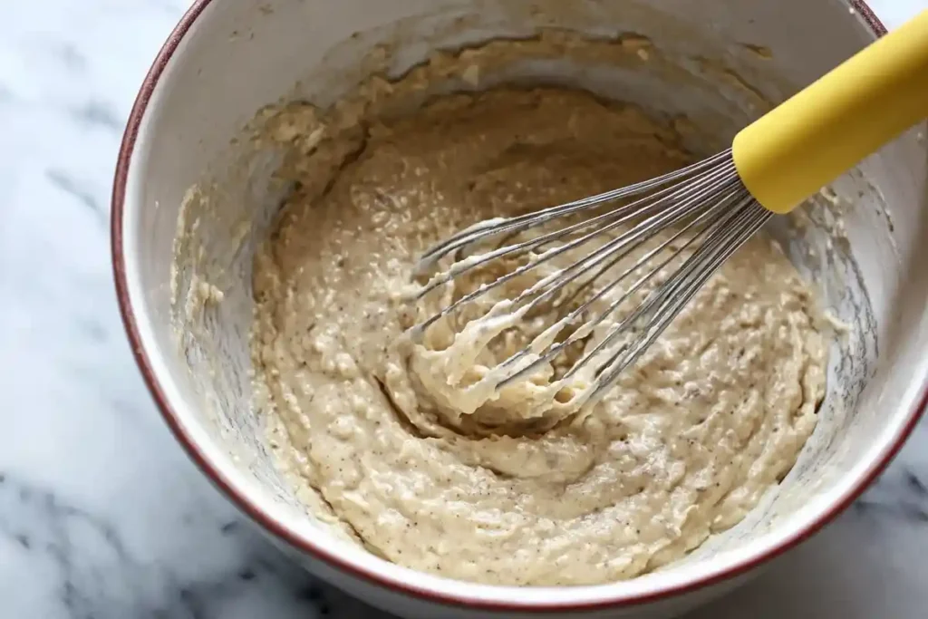 A bowl of smooth sourdough banana nut bread batter being whisked, ready to be poured into a loaf pan.