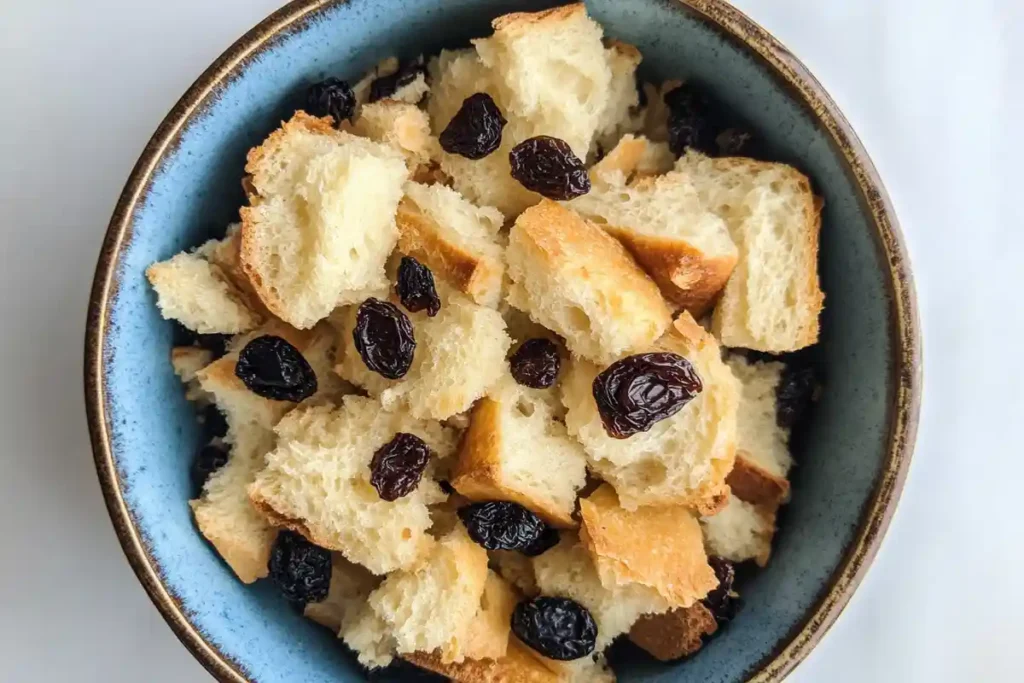  A bowl of sourdough bread cubes and raisins, ready to be used in bread pudding.