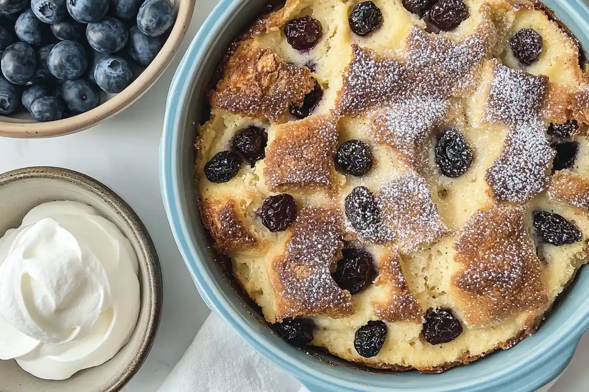 A rich custard being poured over sourdough bread cubes with raisins in a baking dish, preparing for bread pudding.