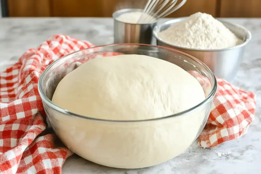 A smooth ball of sourdough challah dough rising in a glass bowl, with a red checkered cloth and flour tools nearby.