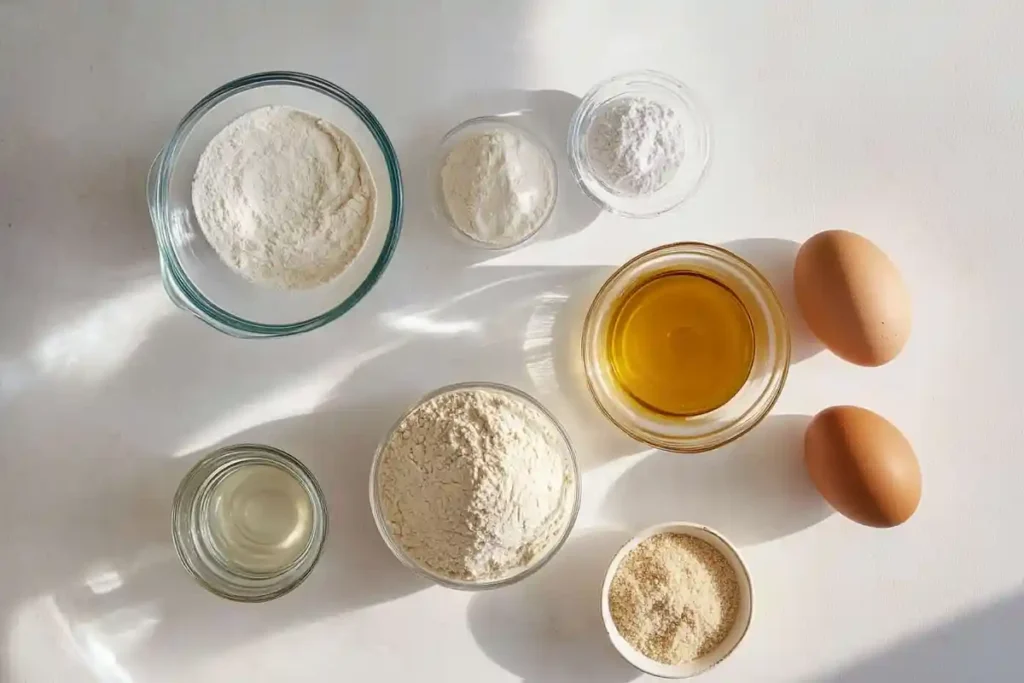 A flat lay of sourdough challah ingredients, including flour, eggs, oil, and sugar in glass bowls on a bright surface