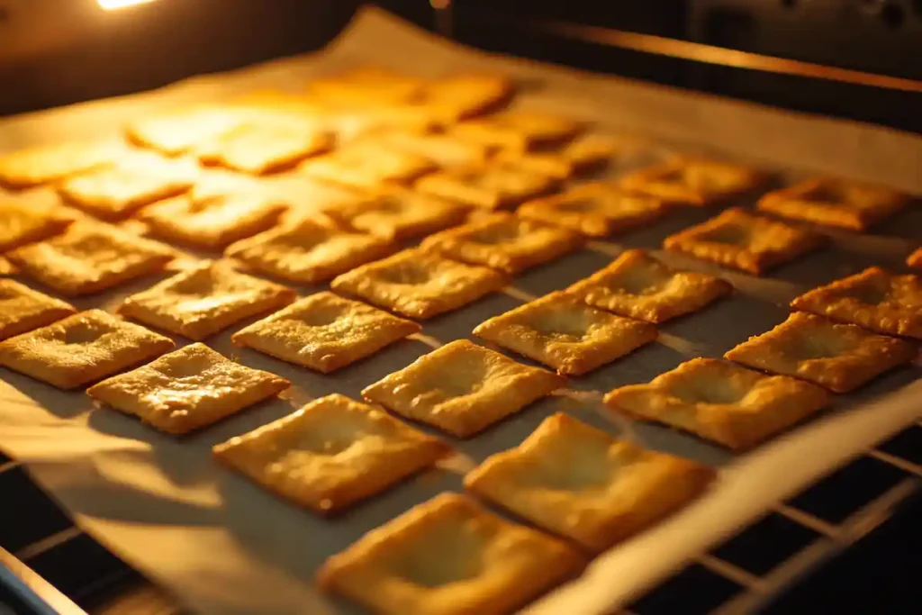 Rows of sourdough discard Cheez Its baking to golden perfection in an oven under warm light.