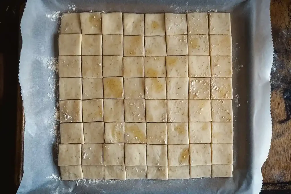 Raw sourdough discard dough cut into uniform squares on a baking tray lined with parchment paper.