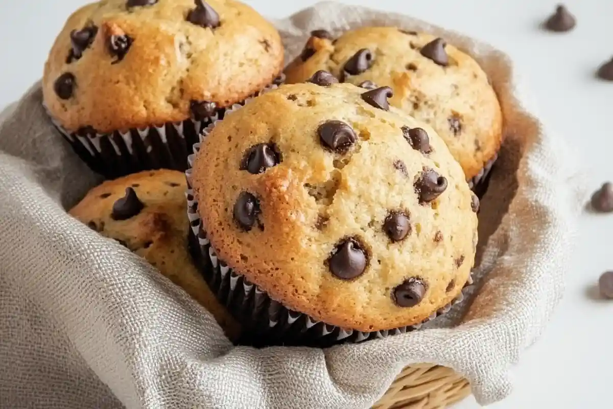 Freshly baked sourdough discard chocolate chip muffins in a linen-lined basket with scattered chocolate chips around.