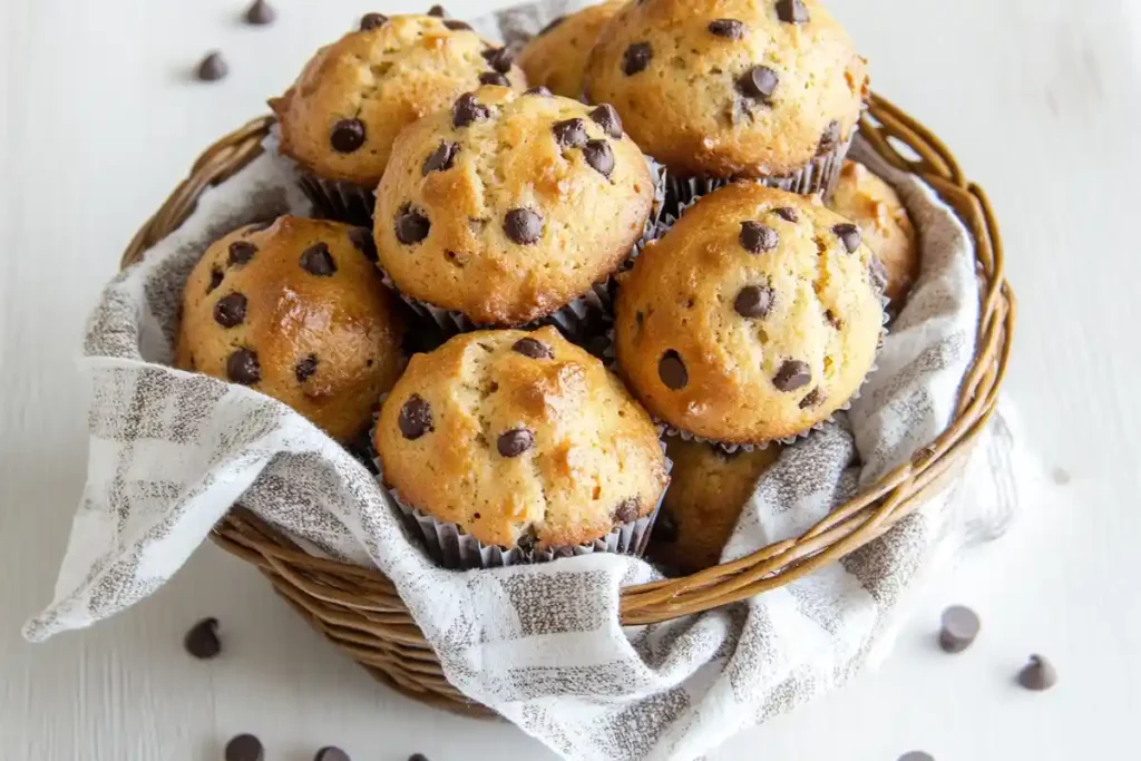 Basket filled with freshly baked sourdough discard chocolate chip muffins wrapped in a linen cloth.