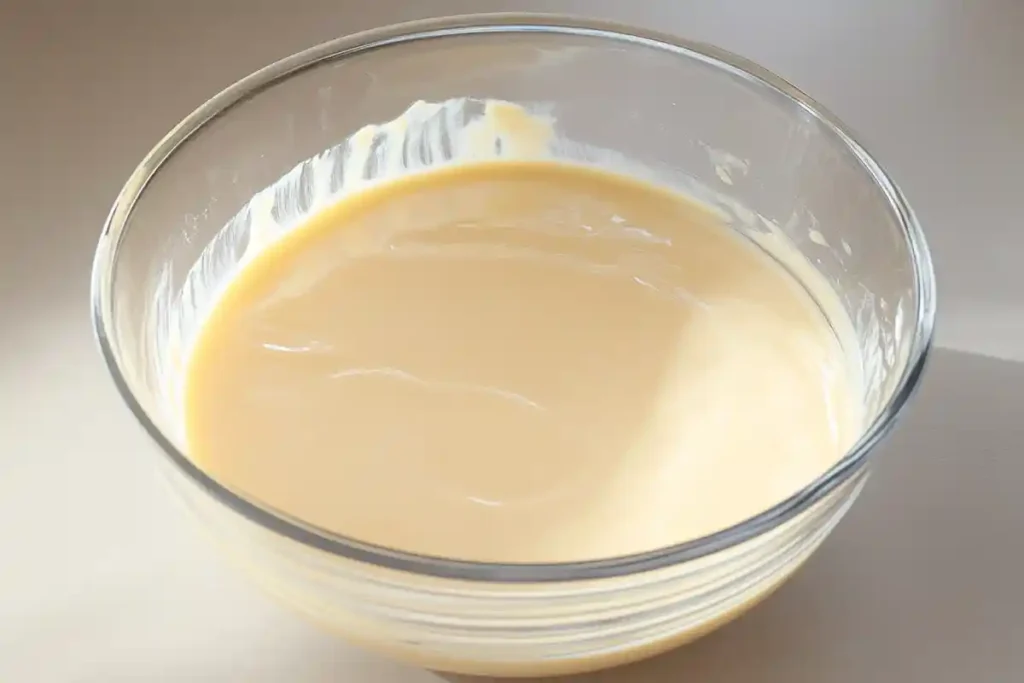 A glass bowl filled with smooth sourdough discard crepe batter, illuminated by soft natural light.