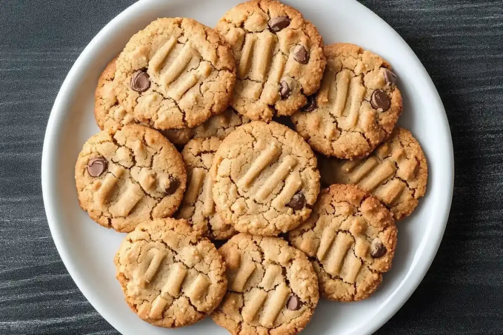 A plate filled with golden-brown sourdough discard peanut butter cookies with fork marks and chocolate chips.