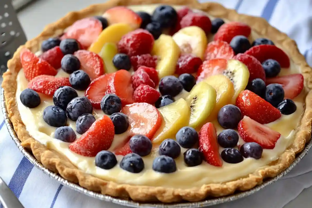 A fully baked sourdough discard pie crust filled with creamy custard and topped with vibrant fresh fruits like strawberries, blueberries, and kiwi slices.