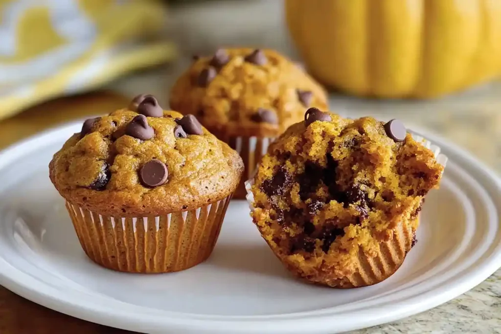 Freshly baked sourdough discard pumpkin muffins with chocolate chips, one muffin broken open showing gooey chocolate filling.