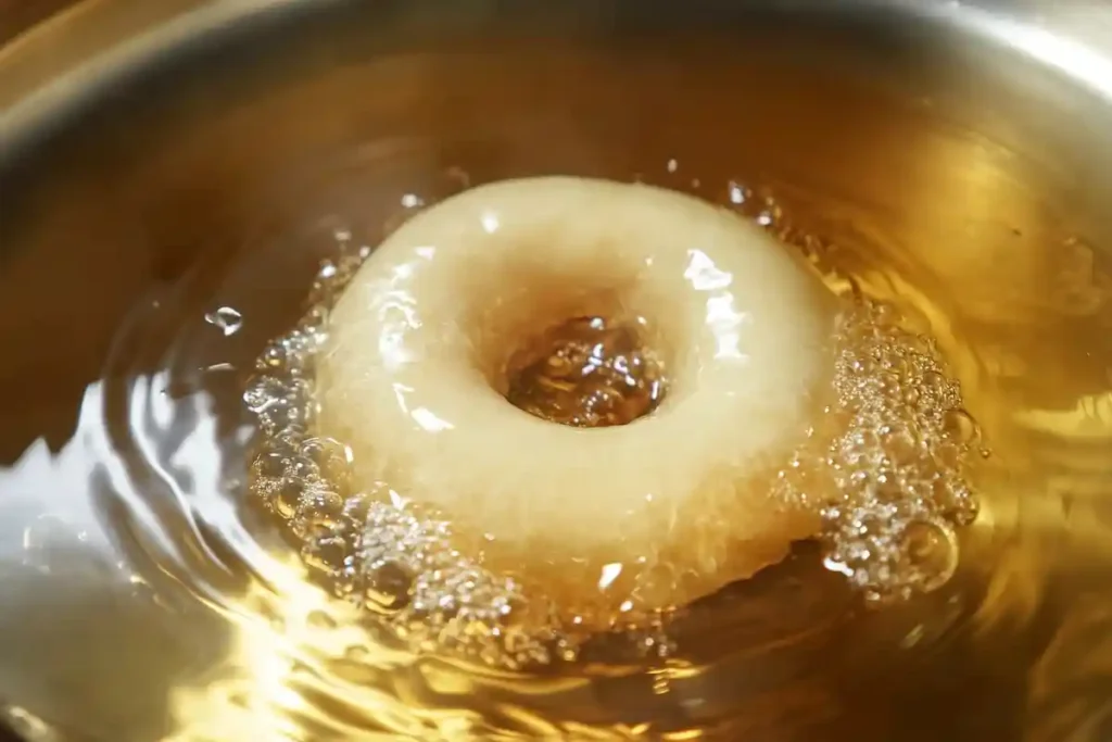 A sourdough donut frying in hot oil, showing bubbles forming around the edges for a perfectly golden crust.