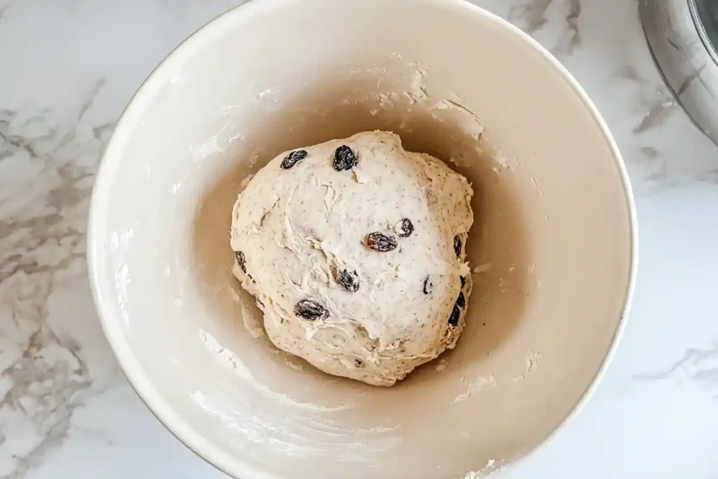 A mixing bowl with sourdough cinnamon raisin dough, showing a soft, sticky texture and raisins incorporated throughout