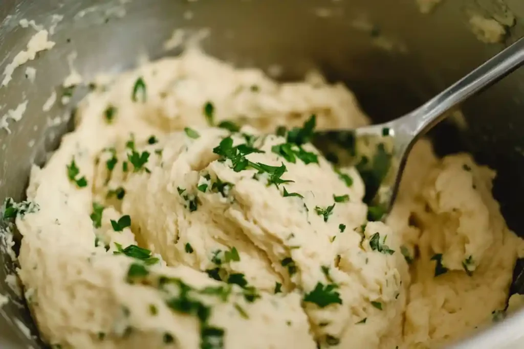 A close-up of sourdough discard dough mixed with fresh parsley in a metal bowl with a spoon.