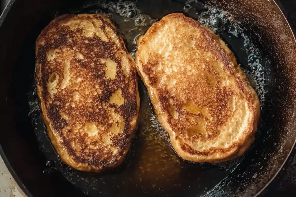 Two slices of sourdough French toast cooking in a cast iron skillet with melted butter, forming golden-brown crusts.