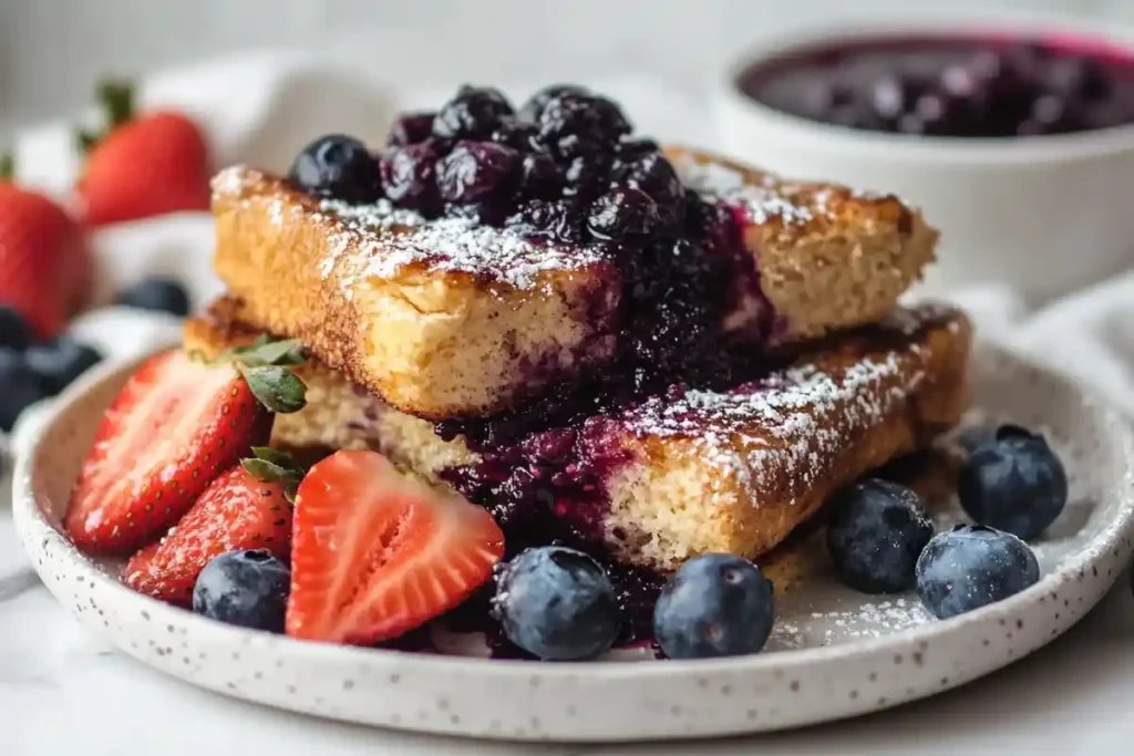 A serving of sourdough French toast topped with blueberry compote, powdered sugar, and fresh strawberries and blueberries.
