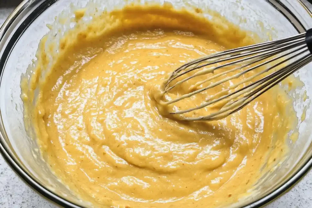  A bowl of thick, golden sourdough batter being whisked to a smooth texture, ready for frying.