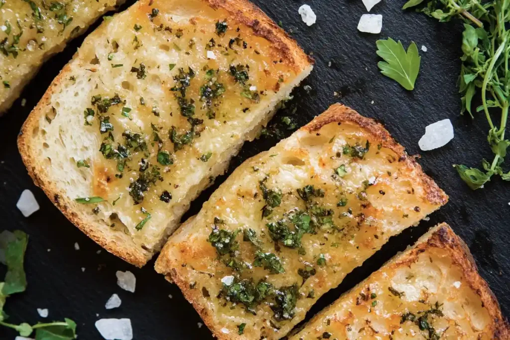  Perfectly toasted sourdough garlic bread slices arranged neatly on a black platter, garnished with fresh herbs and sea salt.