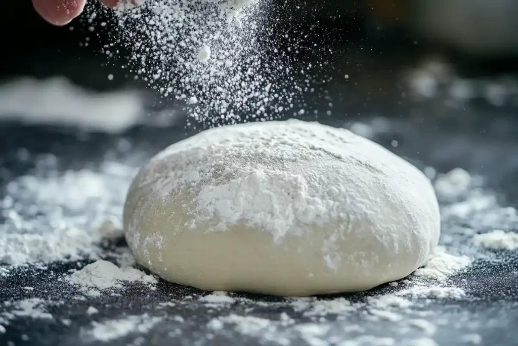 A ball of sourdough dough on a countertop being dusted with flour, ready for shaping.