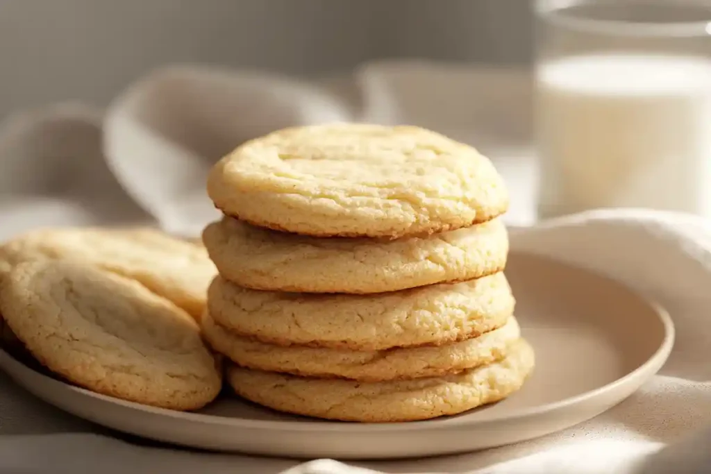 A stack of plain sourdough discard sugar cookies on a neutral plate, with a glass of milk in the background.