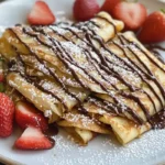 A stack of sourdough discard crepes drizzled with chocolate sauce, dusted with powdered sugar, and garnished with fresh strawberries.