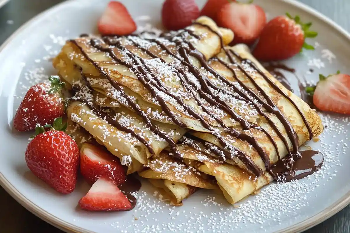 A stack of sourdough discard crepes drizzled with chocolate sauce, dusted with powdered sugar, and garnished with fresh strawberries.