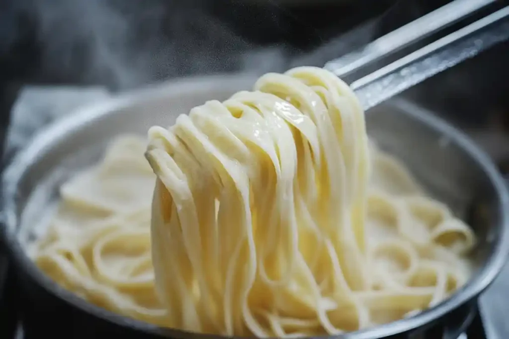 Freshly cooked  pasta being lifted from a steaming pot with tongs, glistening and ready for sauce.