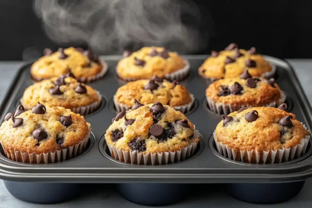 Freshly baked sourdough discard chocolate chip muffins steaming in a muffin tin.